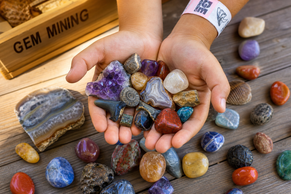 Colorful gemstones and shark teeth found during gem mining at Fox's High Rock Farm
