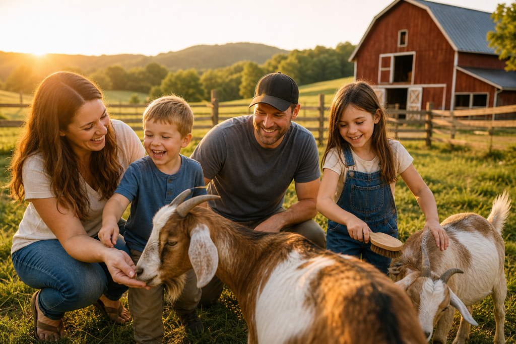 Family with kids feeding and brushing goats at a petting zoo in Hocking Hills Ohio
