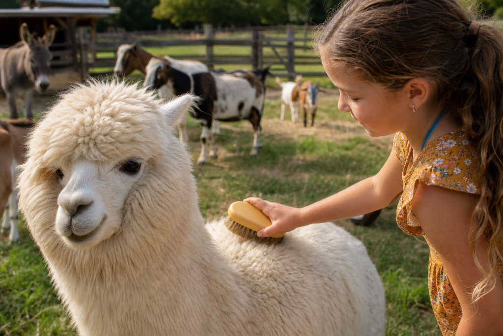 Child brushing a friendly alpaca at Fox's High Rock Farm in Hocking Hills Ohio
