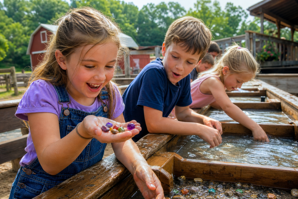 Kids gem mining and discovering gemstones at a family farm in Hocking Hills Ohio