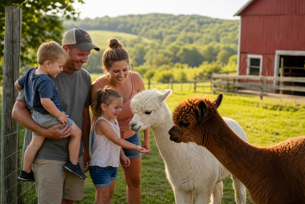 Family with young children meeting friendly alpacas at an alpaca farm near Hocking Hills Ohio