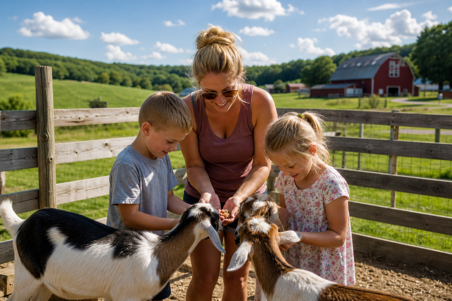 Family with young children feeding baby goats at a petting zoo near Columbus Ohio