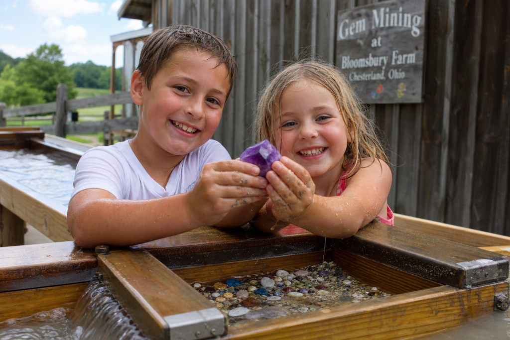 Kids sifting through mining rough and discovering gemstones at a family farm near Columbus Ohio