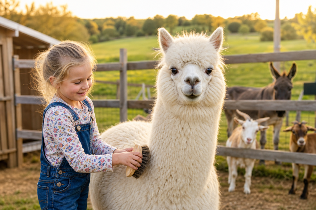 Young girl gently brushing a fluffy white alpaca at Fox's High Rock Farm near Hocking Hills Ohio