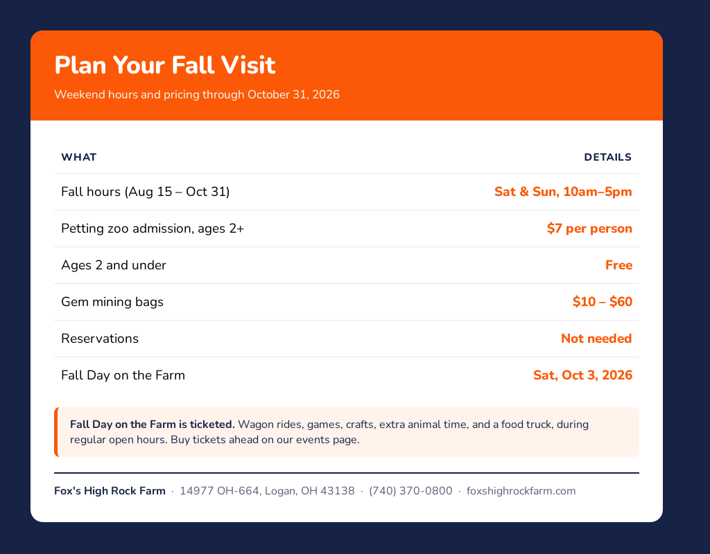 Fall visit details for Fox's High Rock Farm including weekend hours, $7 admission, gem mining prices and Fall Day on the Farm on October 3, 2026